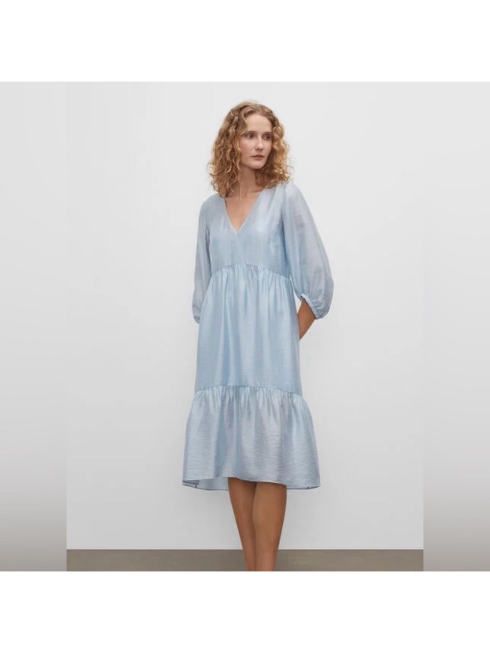 Club Monaco Light Blue V-Neck Tiered Midi Dress